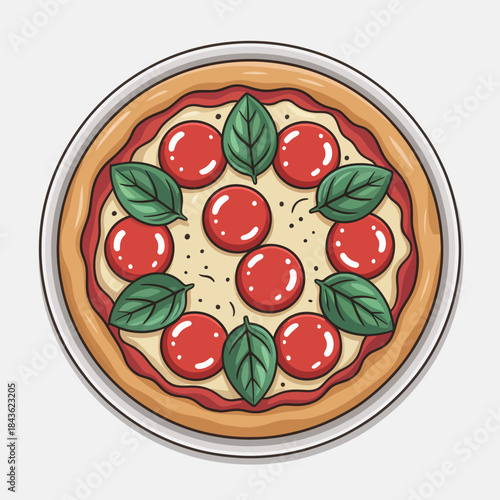 This appetizing image showcases a freshly baked pizza, beautifully decorated with ripe tomatoes and fragrant basil leaves, appealing to food lovers and culinary enthusiasts.