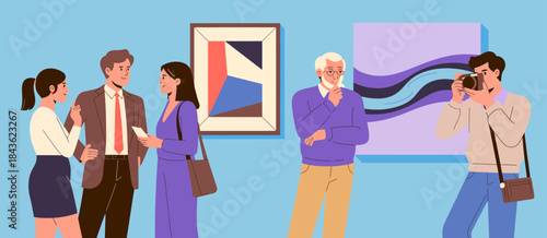 An illustration capturing a lively scene in an art gallery, with diverse visitors engaging with artwork and each other, emphasizing creativity, conversation, and cultural appreciation.