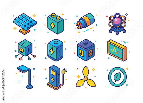 Quantum Energy Icons. Energy and quantum tech. Colorful isometri