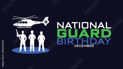 National Guard Birthday banner displaying silhouettes of three service members beside a military helicopter for promotional materials.