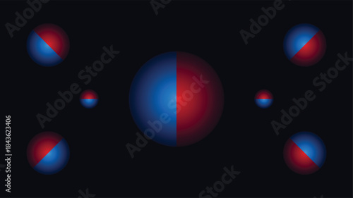 Abstract composition of blue and red spheres symbolizing balance and division against a deep black background for presentations.