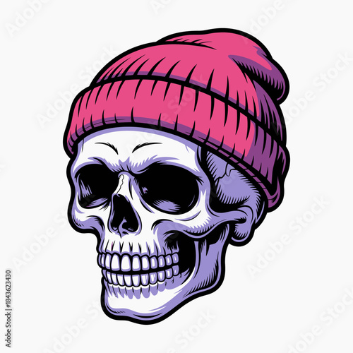 A bold and artistic depiction of a skull wearing a pink beanie captures a unique blend of style and creativity, appealing to modern aesthetic tastes in contemporary art.