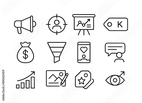 Business Marketing Icons. Business marketing. Line icon set of B