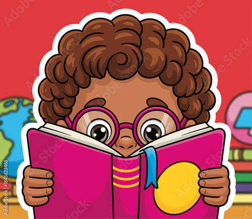 An excited child with curly hair engrossed in a bright pink book illustrates the wonders of reading, curiosity, and the joy of storytelling in a creative learning space.