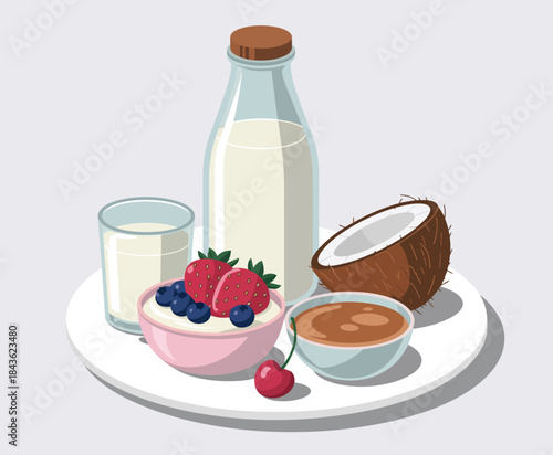 This image showcases a delicious and wholesome breakfast spread featuring milk, yogurt, berries, and a coconut, highlighting health, freshness, and culinary delight.