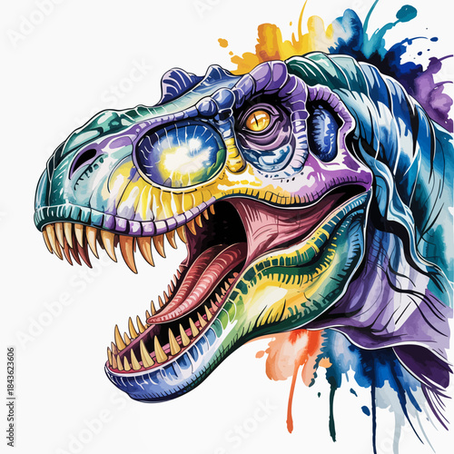 A vibrant illustration of a colorful dinosaur head showcasing a blend of colors and textures, representing creativity and modern art in a playful manner.