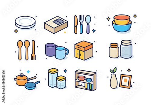 Minimalist Kitchen Icons. Minimalist kitchen. Colorful isometric