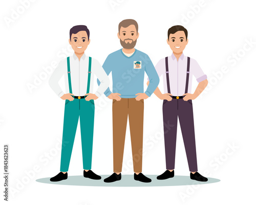 A vibrant illustration featuring three stylish men standing side by side, showcasing different fashionable attire and hairstyles with colorful suspenders.