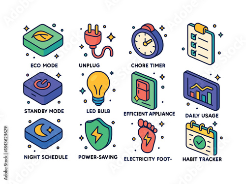 Colorful Power Usage Icons. Power usage habits. Colorful isometr