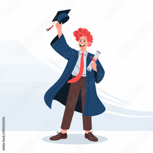 A jubilant young graduate in cap and gown raises his diploma high, symbolizing achievement, hard work, and the exciting beginning of a new chapter in life full of opportunities ahead.