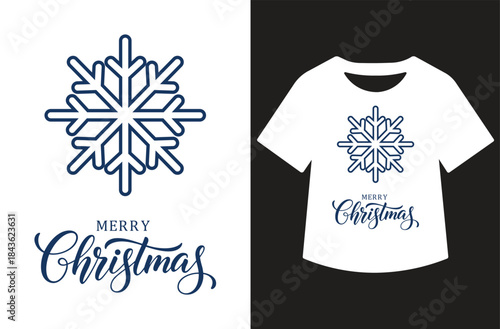 Simple navy blue snowflake icon with “Merry Christmas” hand lettered script, minimalist winter holiday vector illustration ideal for Christmas t shirt designs, greeting cards, seasonal branding.