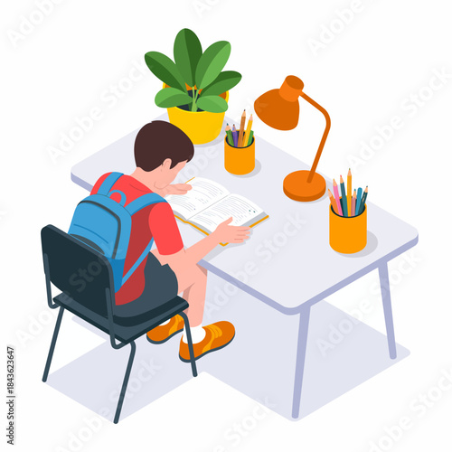 A young boy sits at his desk, deeply focused on reading a colorful book, representing the joy of learning and exploration in a cheerful and bright environment.