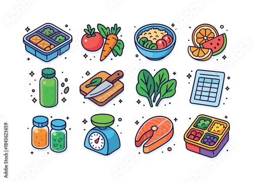 Colorful Meal Prep Icons. Healthy meal prep. Colorful isometric