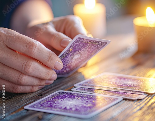 Close Up Of A Fortune Teller Holding Tarot Cards With Candles Burning In The Background Creating A Mystical Ambiance