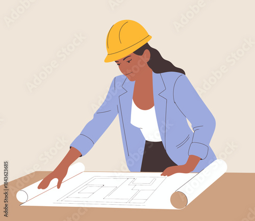 A focused female architect examining detailed blueprints, symbolizing dedication, precision, and professionalism in construction and design within the architecture field.