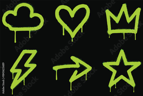 Neon Graffiti Icons Set with Drips – Urban Hip Hop Street Art Symbols.