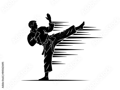 Dynamic black silhouette of a martial artist performing a powerful high kick with speed lines, illustrating motion and strength.