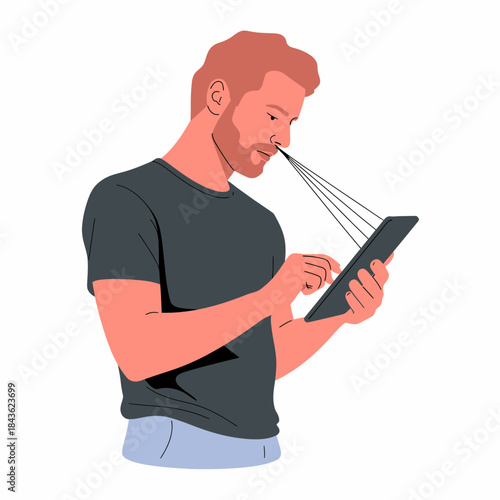 This illustration depicts a man focused on his tablet, with lines extending from the device, symbolizing connectivity and the digital realm's impact on modern human interactions.