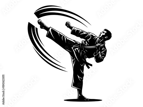 Dynamic black and white vector illustration of a martial artist performing a powerful high kick, showcasing strength and agility.