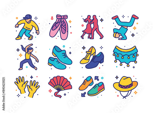 Colorful Dance Icons. Dance styles. Colorful isometric vector ic