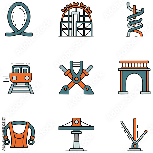 Nine distinct outlined icons showcase various popular fairground attractions, including roller coaster elements, ride vehicles, and safety harnesses
