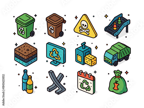 Colorful Waste Icons. Waste management. Colorful isometric vecto