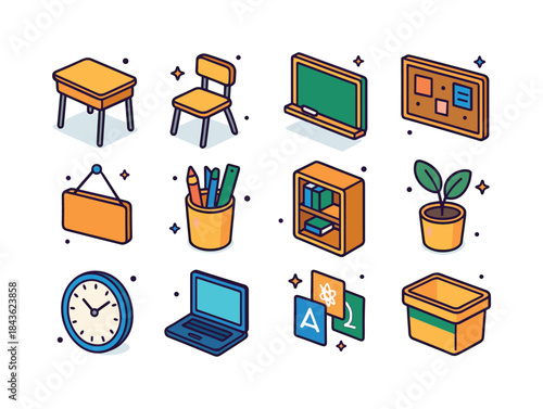 Classroom Icons Set. classroom environment. Colorful isometric v