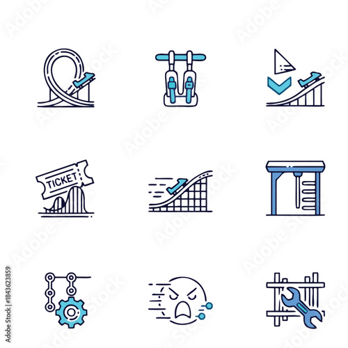 These detailed line art icons depict various elements of amusement park roller coasters, from loops and lift hills to ticketing, ride seats, and maintenance
