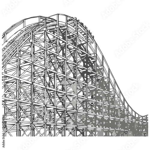 Detailed graphic illustration of an intricate wooden roller coaster structure with tracks, depicted in shades of gray on a white background, evoking excitement and vintage appeal