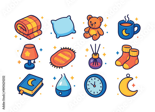 Nighttime Comfort Icons. Nighttime comfort. Colorful isometric v