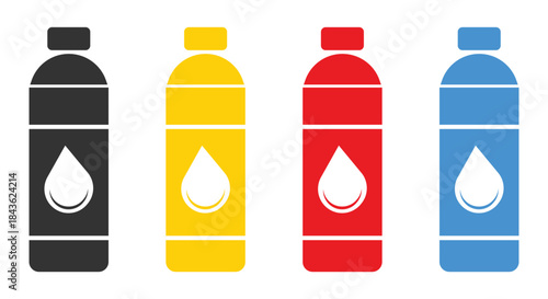 Plastic water bottle with liquid drop symbol, set of colorful containers for beverages or oil