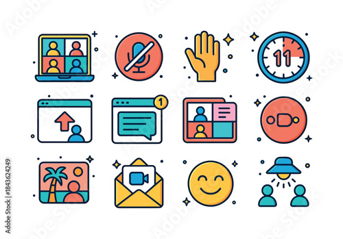 Colorful Virtual Meetings Icons. Virtual Meetings. Colorful isom