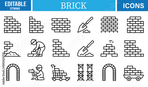 Outline construction icons with brick walls, arches, and builders