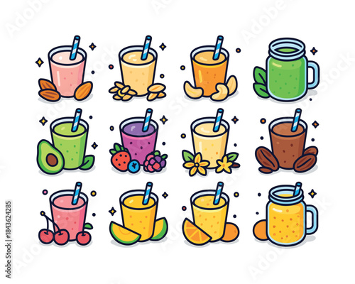 Colorful Vegan Smoothie Icons. Vegan smoothies. Colorful isometr