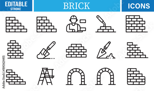 Minimal linear brick and masonry icon set for construction design