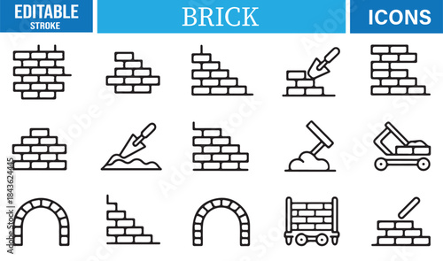 Editable stroke brick icons featuring masonry walls and construction tools