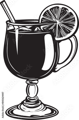 A monochrome illustration of a glass of mulled wine with a slice of lemon and a straw, set against a white background.