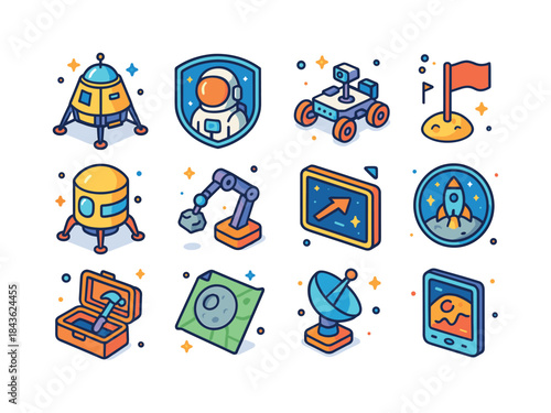 Lunar Exploration Icons. Lunar Exploration. Colorful isometric v