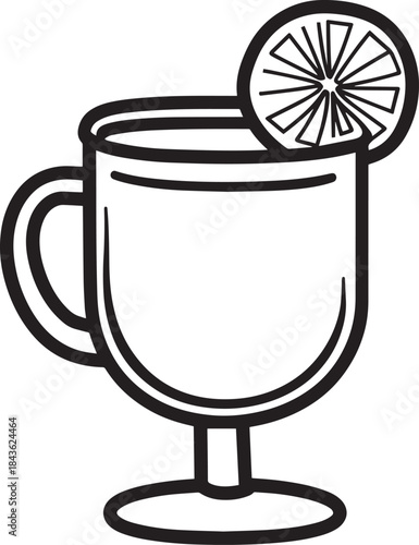 A black and white illustration of a glass of mulled wine with a slice of lemon on top.