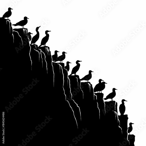 Silhouettes of cormorants perched on a steep cliff face overlooking the ocean.
