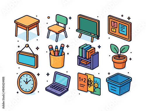 Classroom Icons Set. classroom environment. Colorful isometric v
