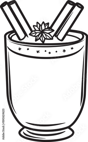 A glass of mulled wine with cinnamon sticks and anise star on a white background.