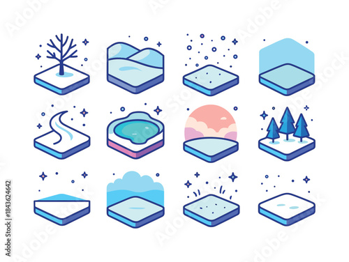 Colorful Snow Icons. Minimal Snow Scenes. Colorful isometric vec