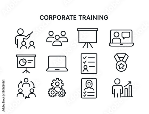 Corporate Training Icons. Corporate Training. Line icon set of C