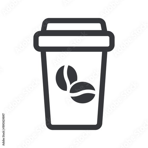 Isolated illustration of a coffee paper cup with roasted beans, symbolizing hot beverage, cafe culture, freshness, aroma, and daily caffeine ritual.