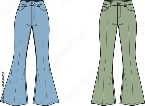 Two pairs of flared leg denim jeans one light blue one sage green pants flared leg jeans