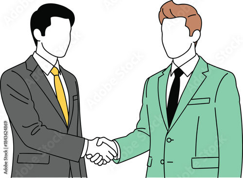 Two men in suits shaking hands with yellow and black ties on white background handshake