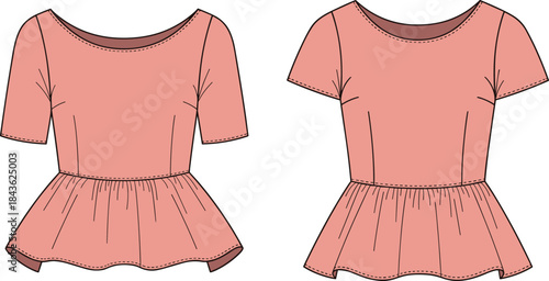 Two flat fashion sketches of a pink peplum top with short sleeves fashion illustration