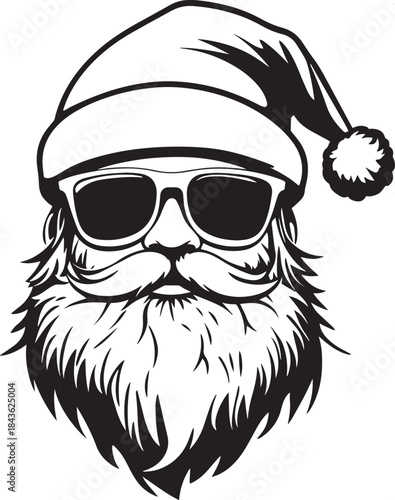 A black and white illustration of a Santa Claus face with a beard and mustache, wearing a Santa hat and sunglasses, set against a white background.