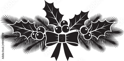 A black and white silhouette of a Christmas wreath with holly leaves and berries.